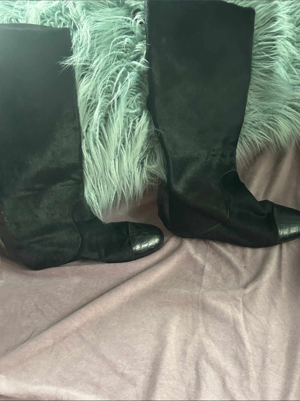 Black Lace-Up Boots with Croc-Texture Toe